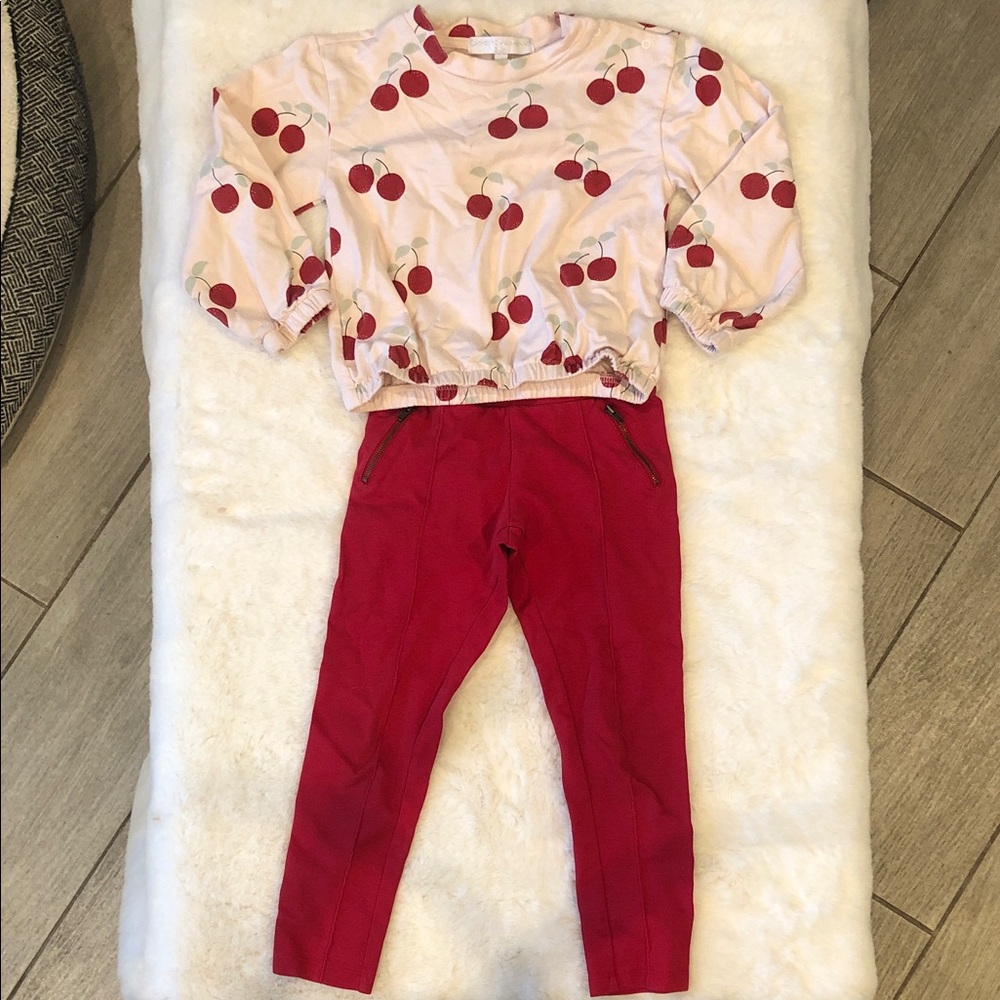 Girls Cherry Print Top and Red Leggings Set Size 6